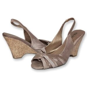 CL By Laundry Slingback Cork Wedge Sandals Peeptoe Satin Heels Shoes Size 9